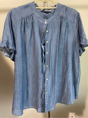 LOFT Chambray Ruffle-Trim Button Front Blouse in Light Blue